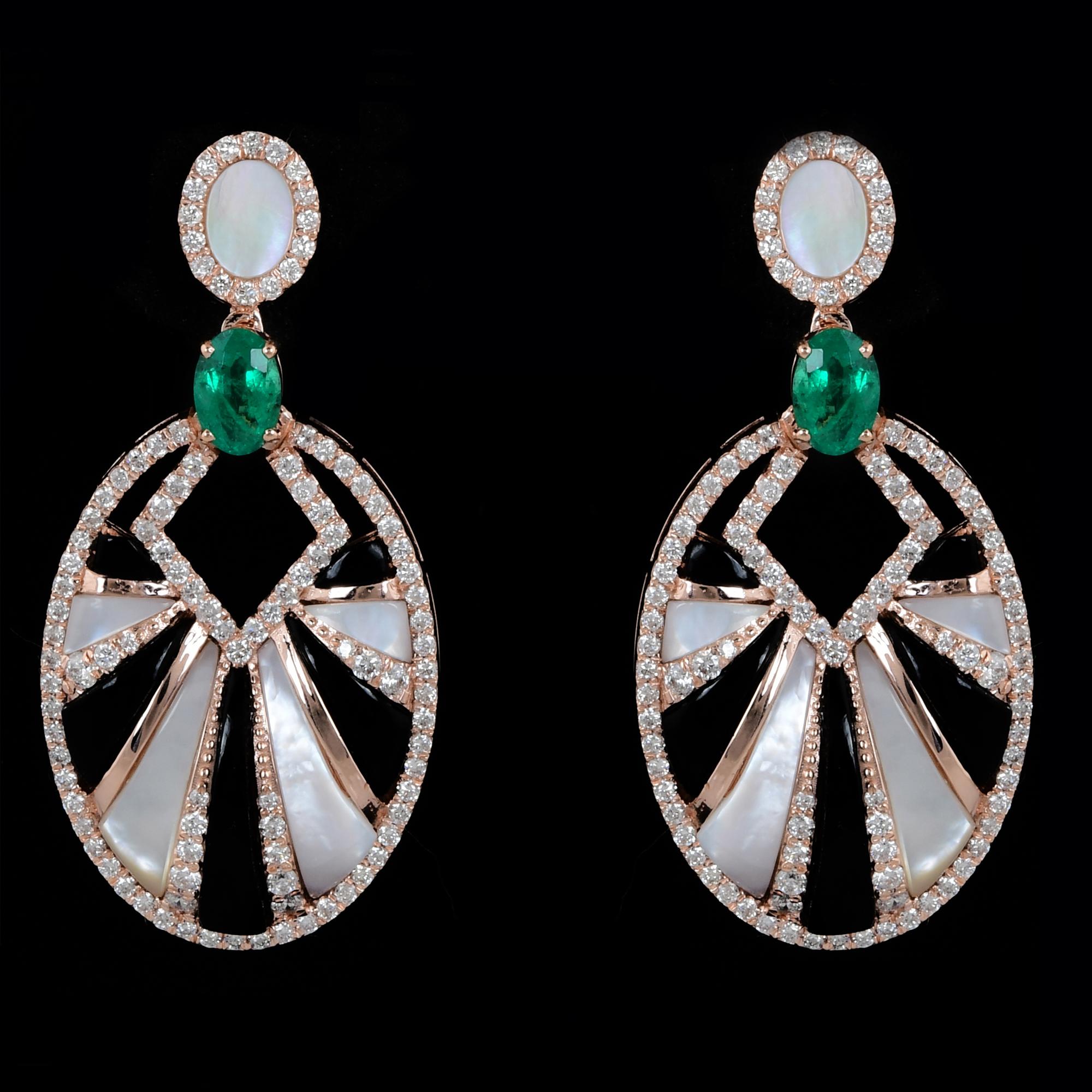 Women's Black Onyx Emerald MOP Gemstone Dangle Earrings Diamond 18k White Gold Jewelry For Sale