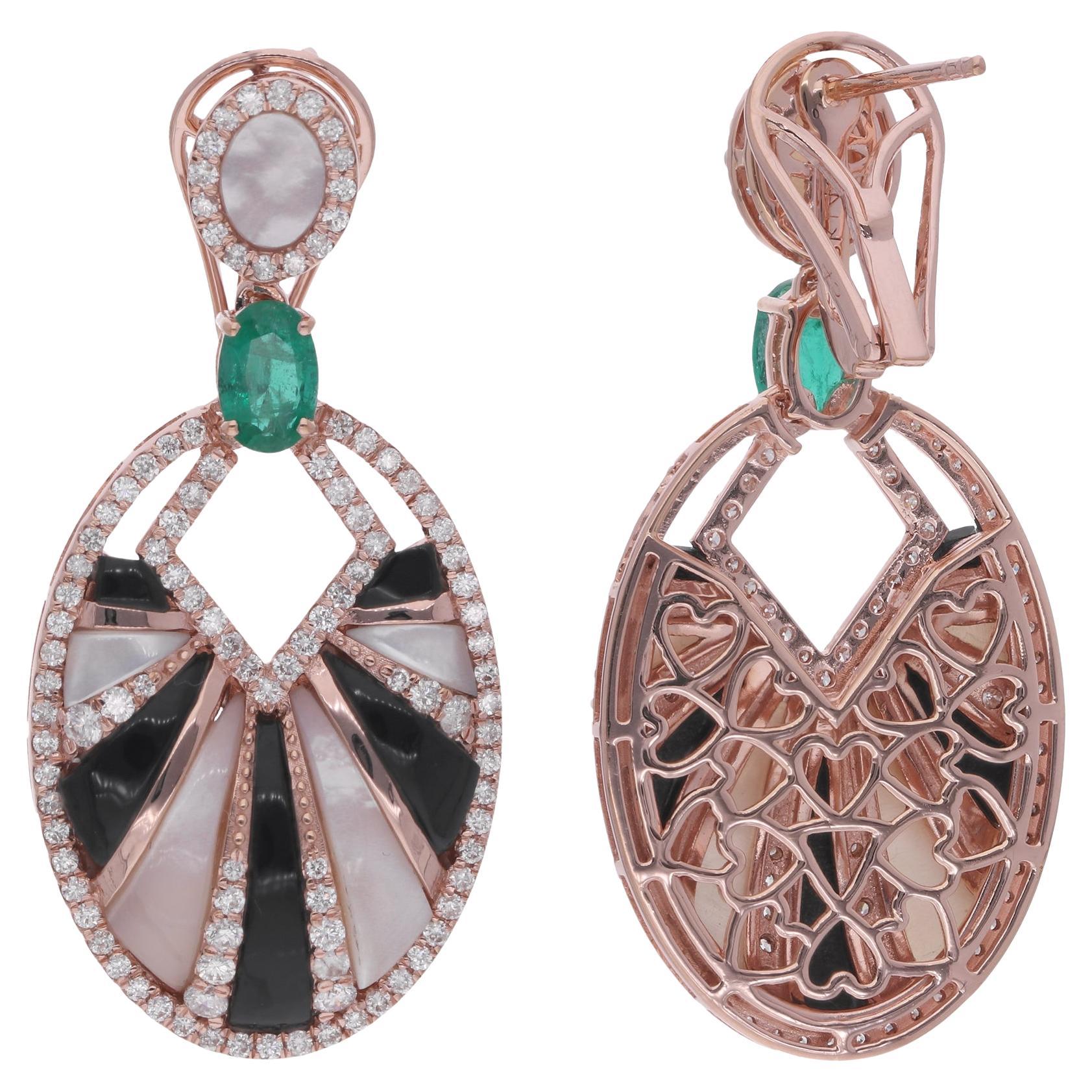 Black Onyx Emerald MOP Gemstone Dangle Earrings Diamond 18k White Gold Jewelry For Sale