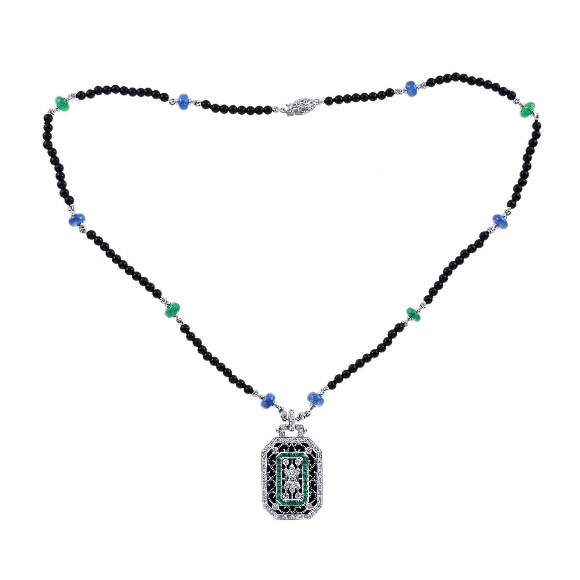 Women's or Men's Black Onyx Emerald Sapphire Diamond Art Deco Style Bead Necklace in White Gold