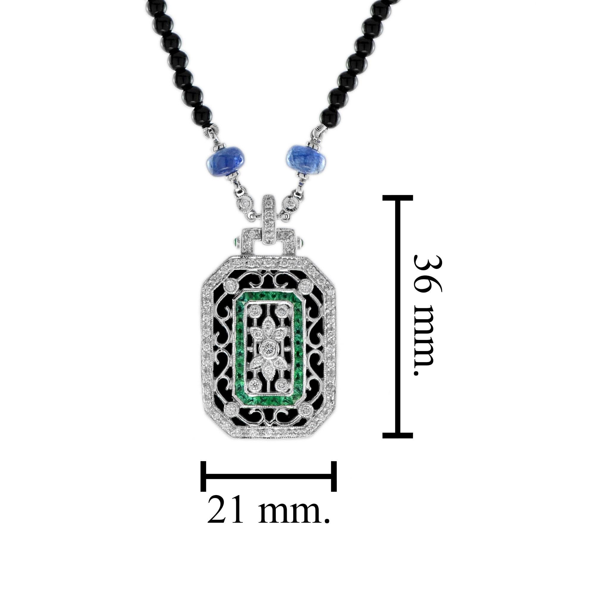 Black Onyx Emerald Sapphire Diamond Art Deco Style Bead Necklace in White Gold 1
