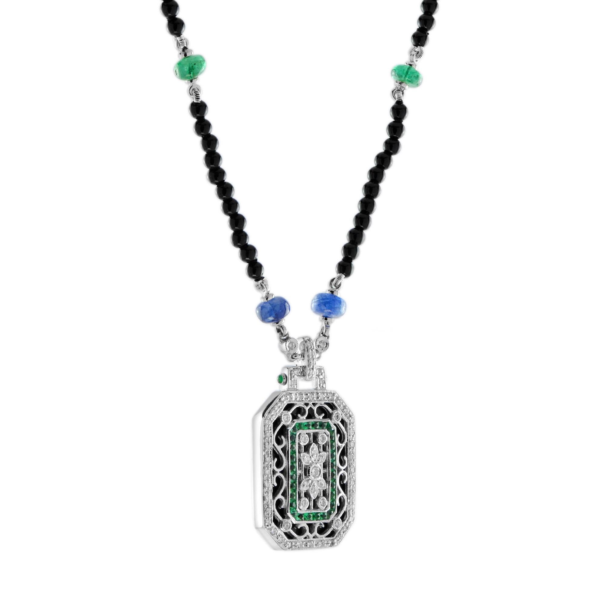 This stunning Art Deco inspired onyx bead necklace is the perfect gift for yourself or someone with a flair for vintage fashion. With natural black onyx as a background, pretty floral and scroll filigree frames the octagon shape pendant with light