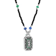 Black Onyx Emerald Sapphire Diamond Art Deco Style Bead White Gold Necklace