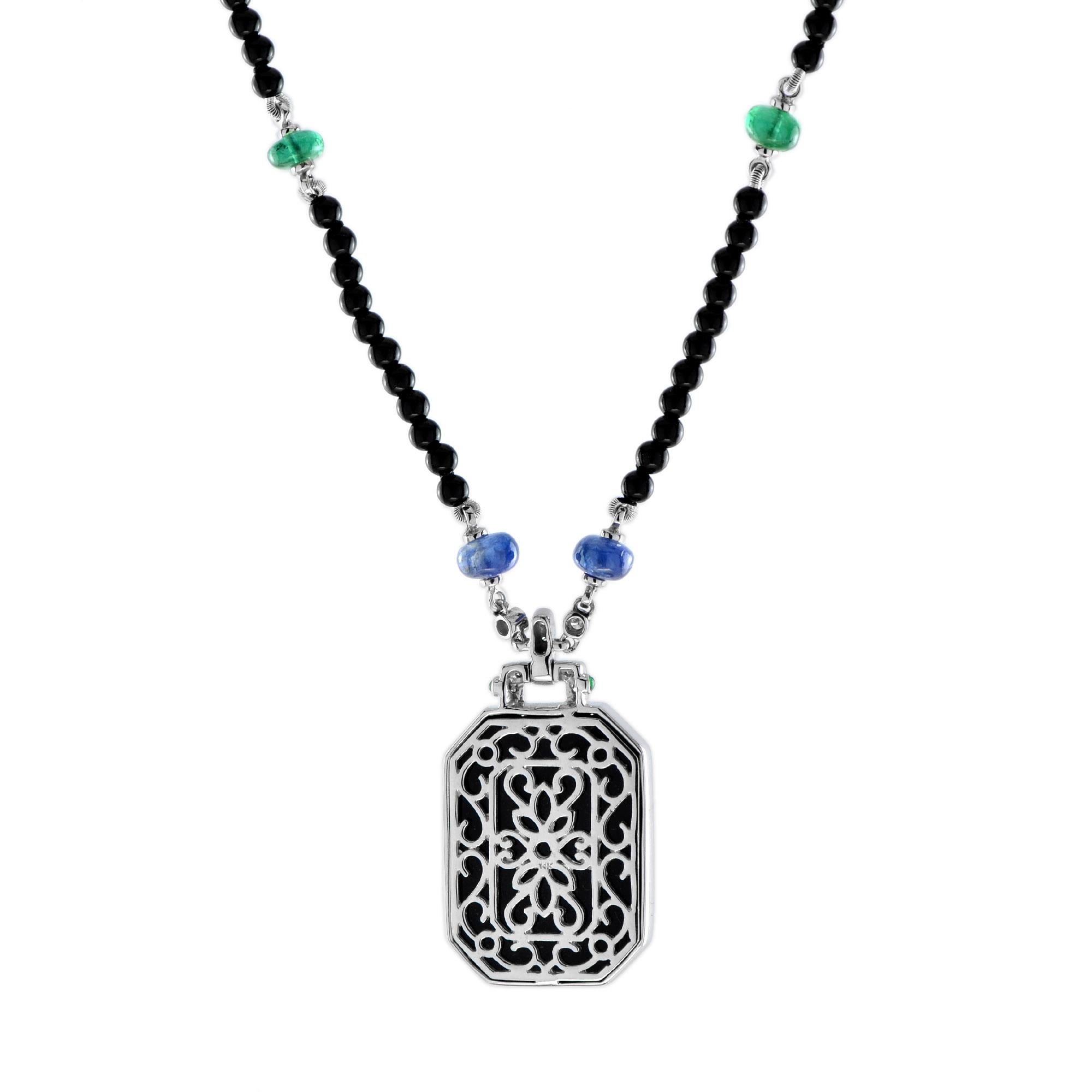 Octagon Cut Black Onyx Emerald Sapphire Diamond Art Deco Style Bead White Gold Necklace For Sale