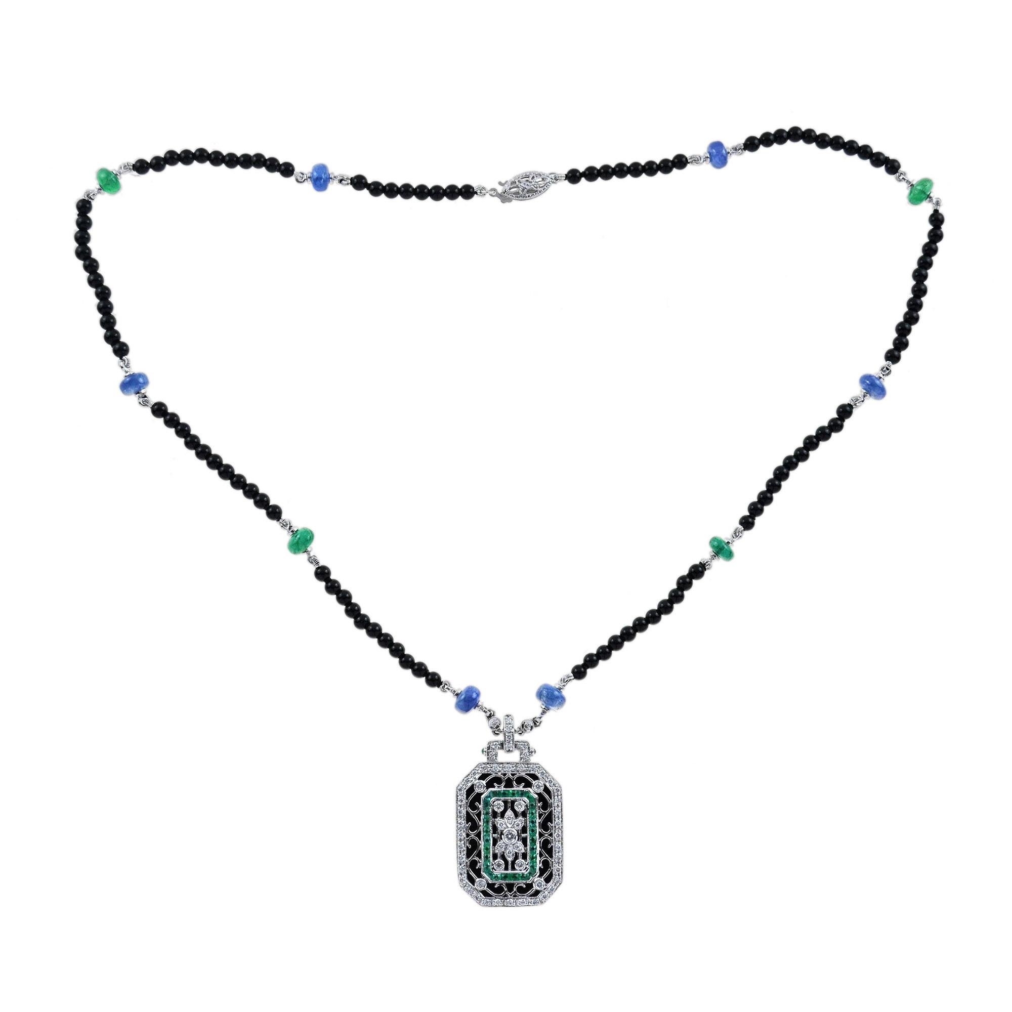 Women's or Men's Black Onyx Emerald Sapphire Diamond Art Deco Style Bead White Gold Necklace For Sale