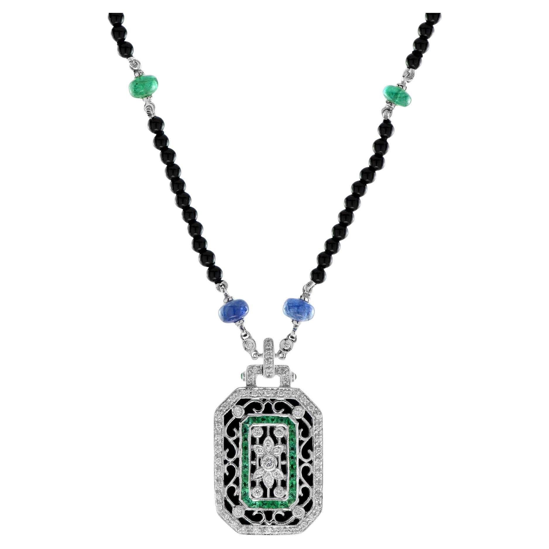 Black Onyx Emerald Sapphire Diamond Art Deco Style Bead White Gold Necklace For Sale