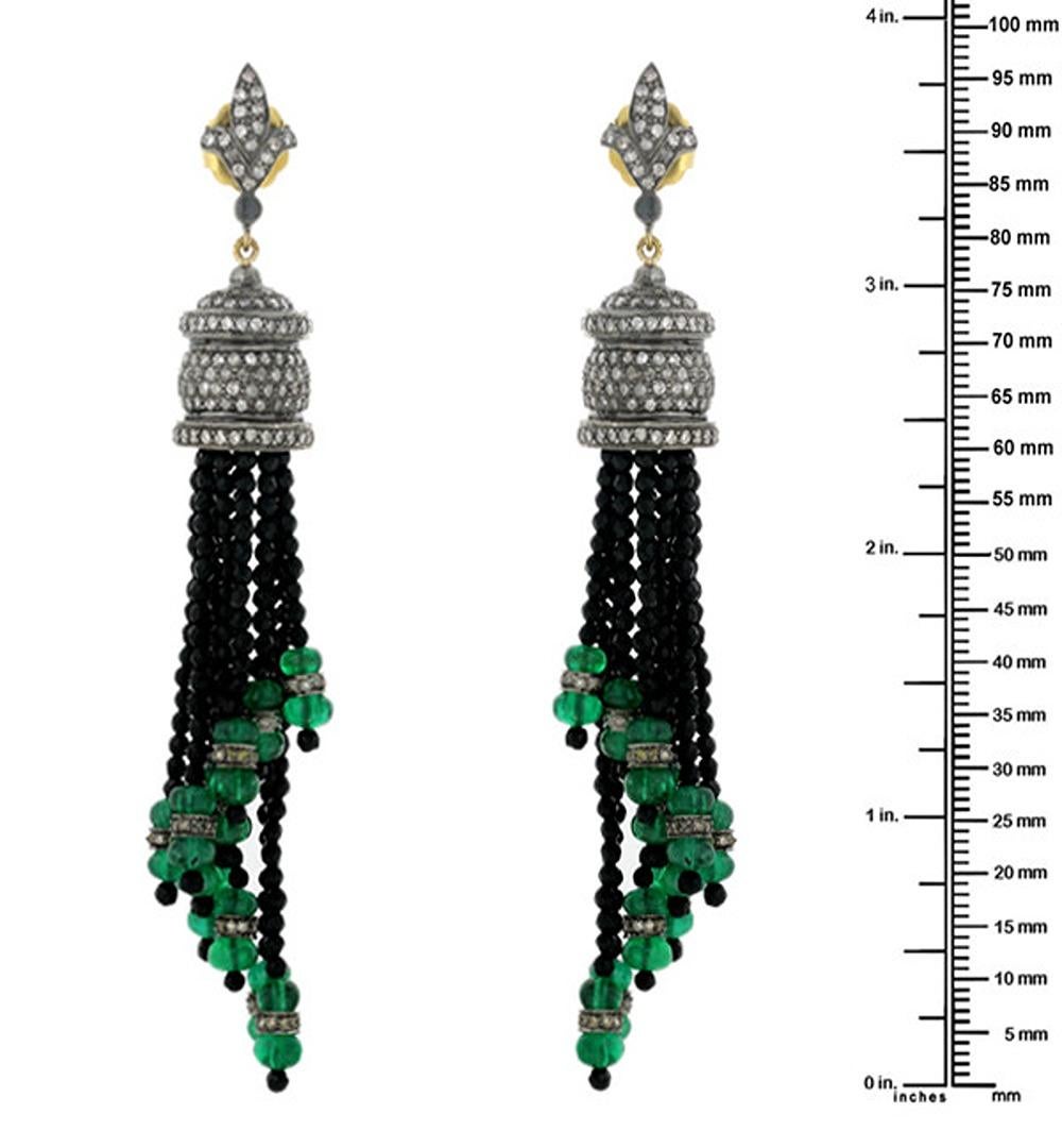 Artisan Black Onyx & Emerald Tassel Earrings with Pave Diamonds in 18k Gold & Silver For Sale
