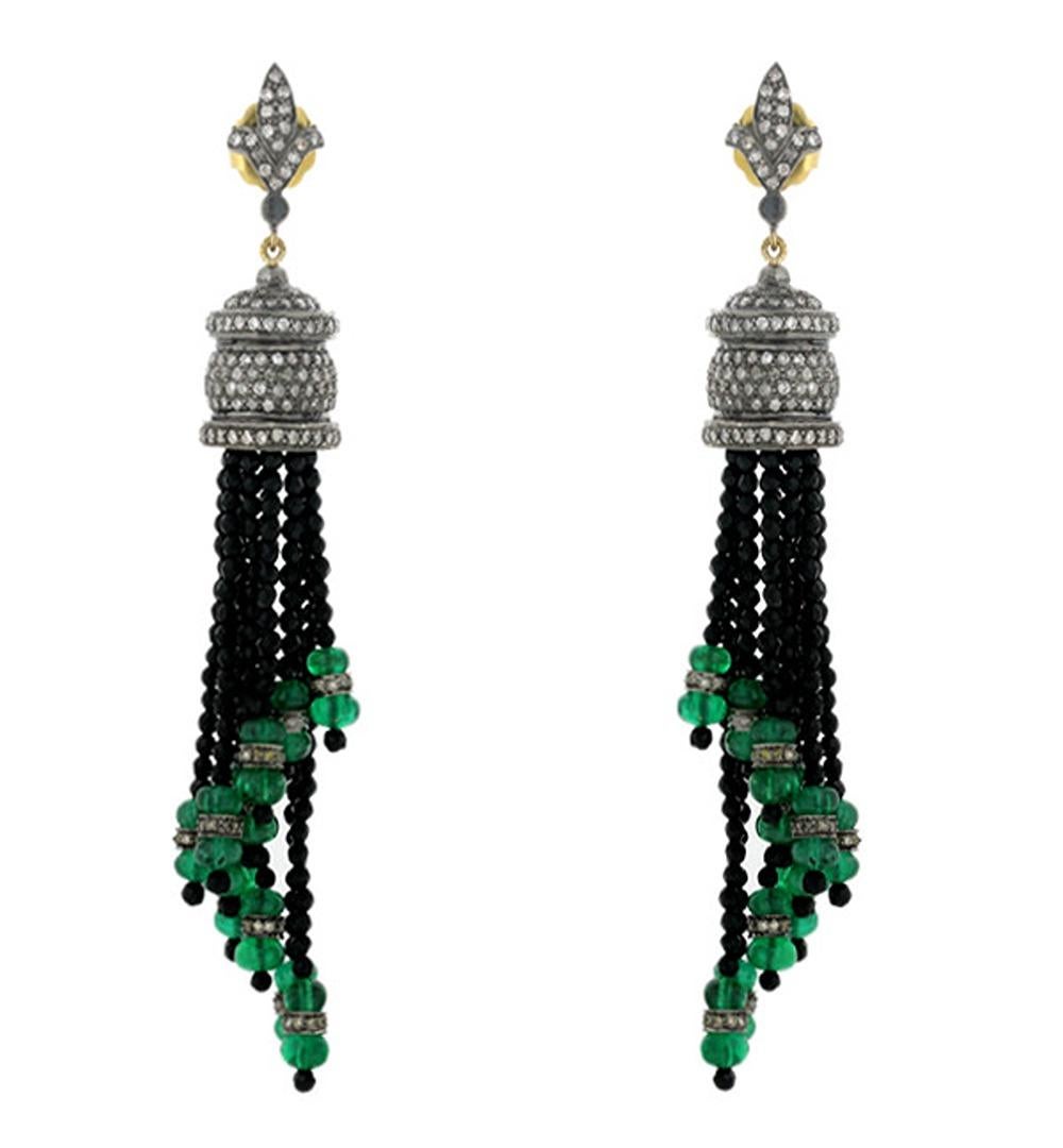 Mixed Cut Black Onyx & Emerald Tassel Earrings with Pave Diamonds in 18k Gold & Silver For Sale