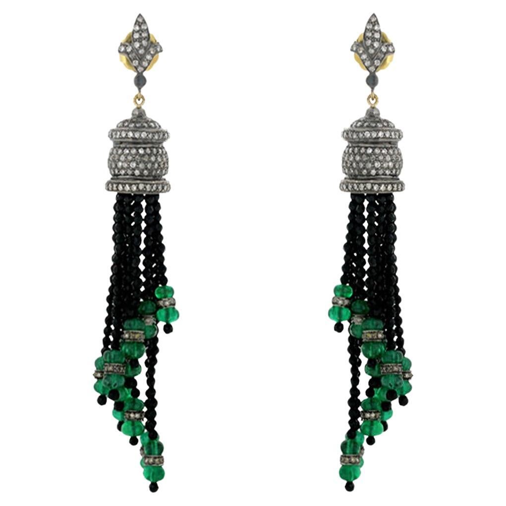 Black Onyx & Emerald Tassel Earrings with Pave Diamonds in 18k Gold & Silver For Sale