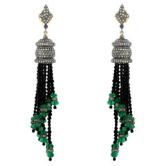 Black Onyx & Emerald Tassel Earrings with Pave Diamonds in 18k Gold & Silver
