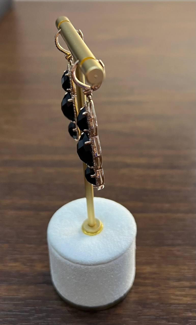 Black Onyx Faceted Diamonds Halo 14K Gold Statement Drop Dangle Earrings For Sale 6