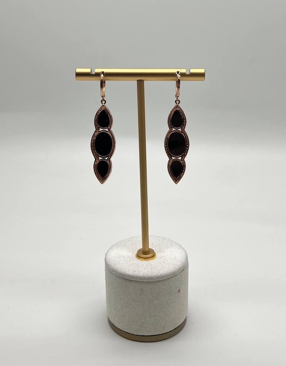Black Onyx Faceted Diamonds Halo 14K Gold Statement Drop Dangle Earrings In New Condition For Sale In Oakton, VA