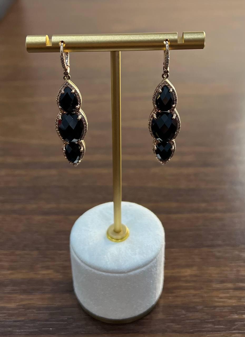 Black Onyx Faceted Diamonds Halo 14K Gold Statement Drop Dangle Earrings For Sale 2