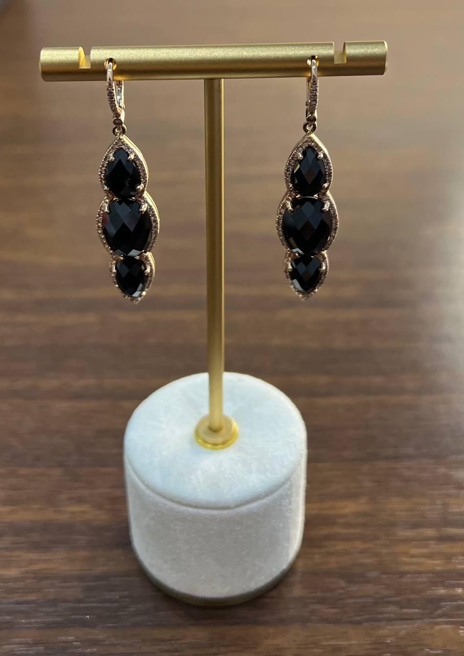 Black Onyx Faceted Diamonds Halo 14K Gold Statement Drop Dangle Earrings For Sale 3