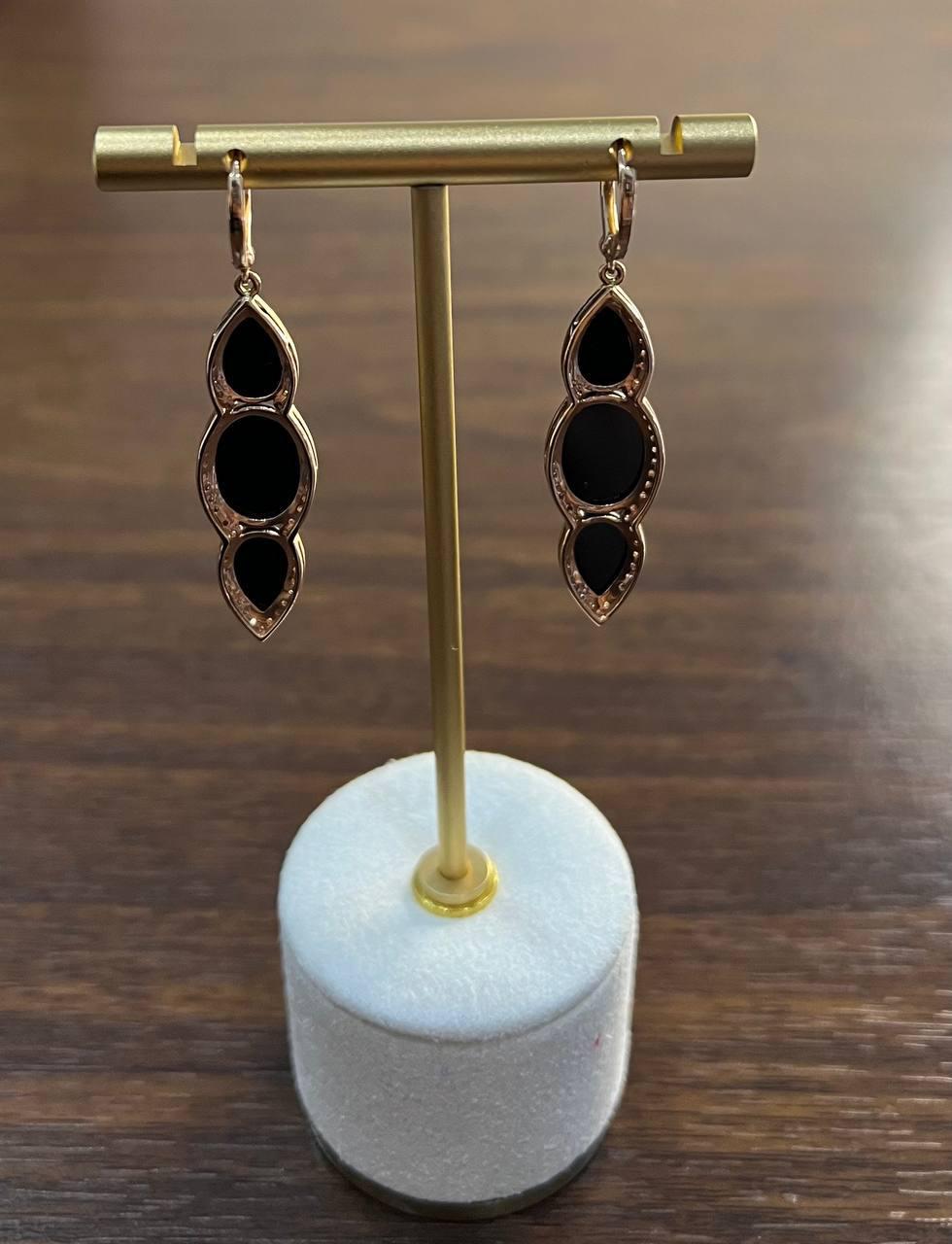 Black Onyx Faceted Diamonds Halo 14K Gold Statement Drop Dangle Earrings For Sale 4