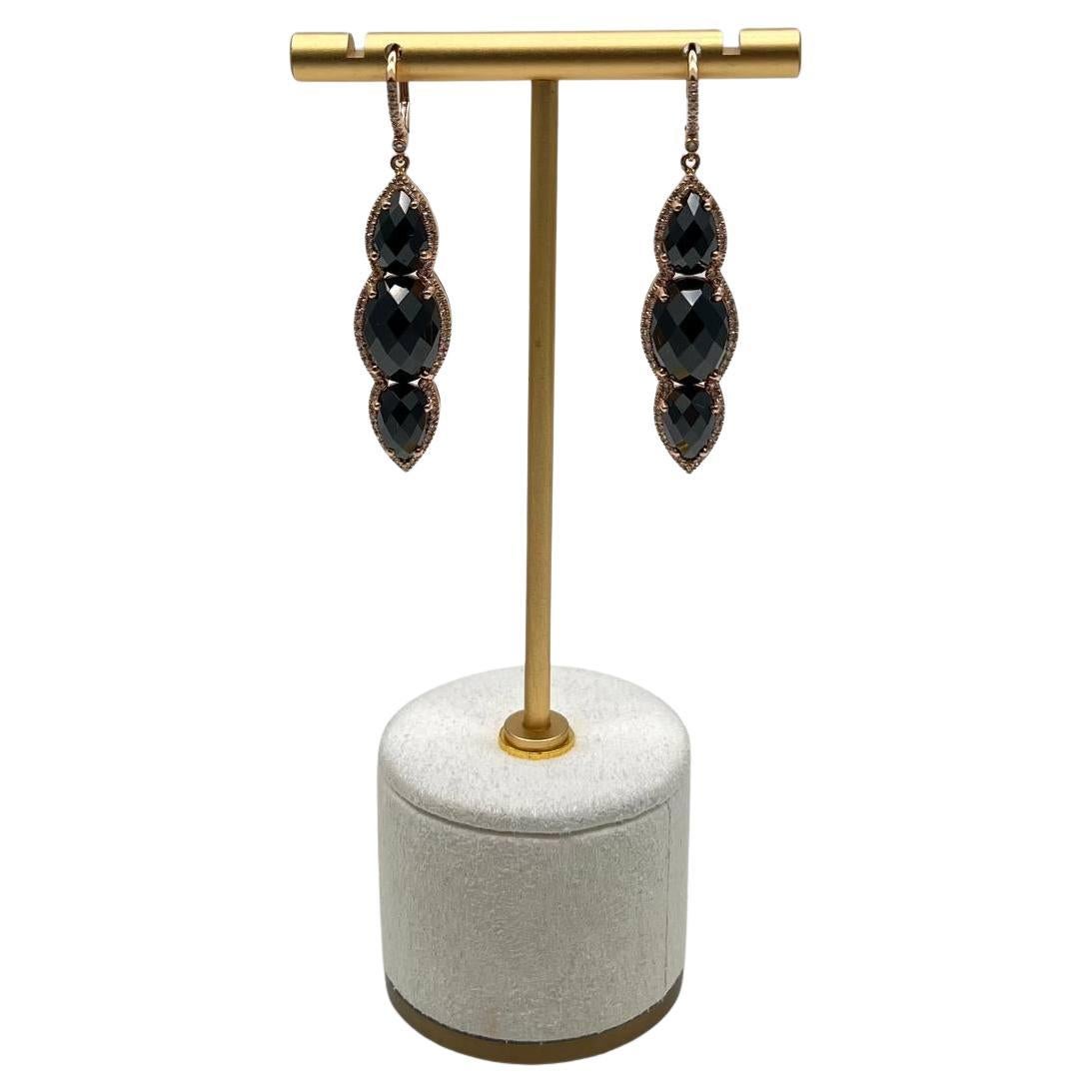 Black Onyx Faceted Diamonds Halo 14K Gold Statement Drop Dangle Earrings For Sale
