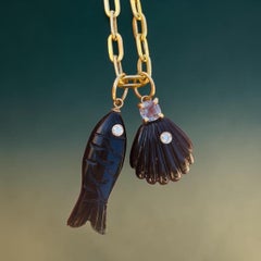 Black Onyx Fish Pensant with Diamond and Emerald Eyes, 14k Gold