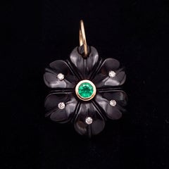 Black Onyx Flower Pendant with Emerald, Diamonds & 14k Gold