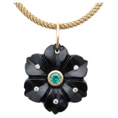 Black Onyx Flower Pendant with Emerald, Diamonds & 14k Gold