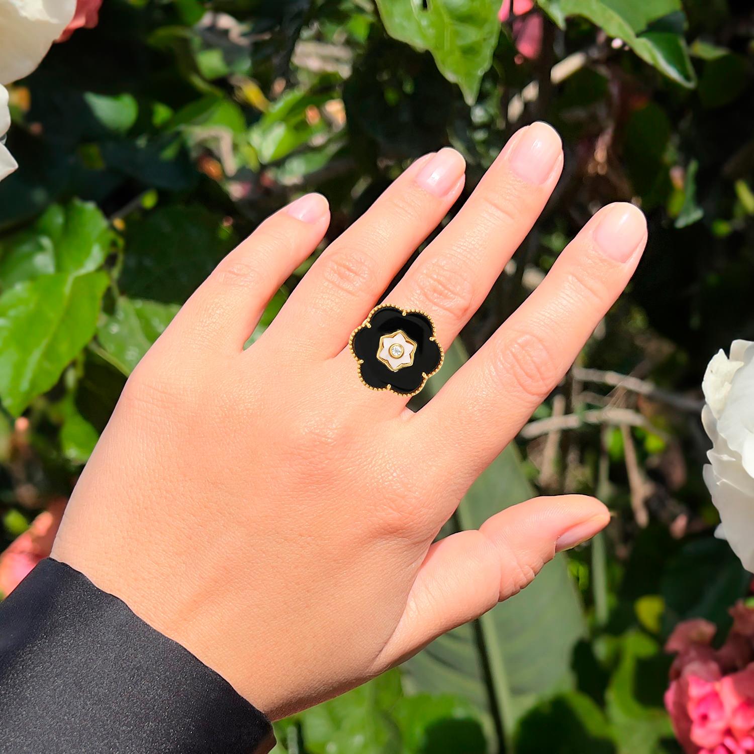 Contemporary Black Onyx Flower Ring With Topazes and Mother of Pearl 4.40 Carats