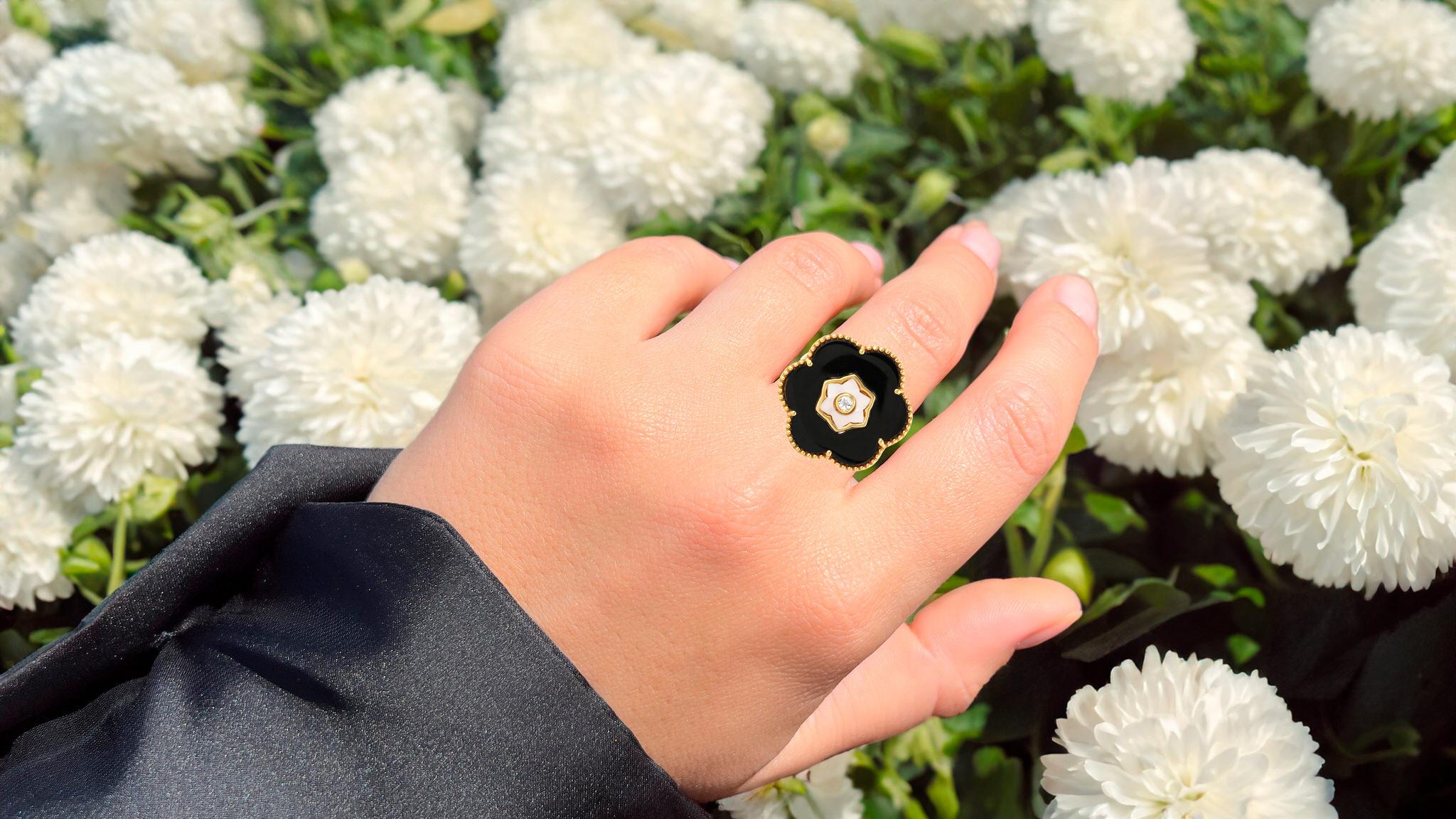 Mixed Cut Black Onyx Flower Ring With Topazes and Mother of Pearl 4.40 Carats