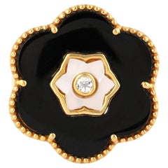 Black Onyx Flower Ring With Topazes and Mother of Pearl 4.40 Carats