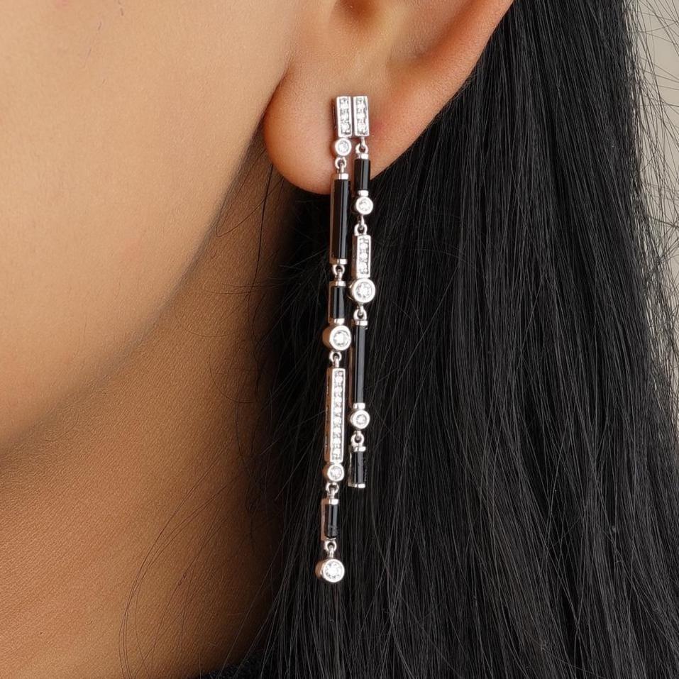 Art déco Boucles d'oreilles pendantes en or massif 14K (certifié) avec diamant et pierre d'Onyx noir en vente