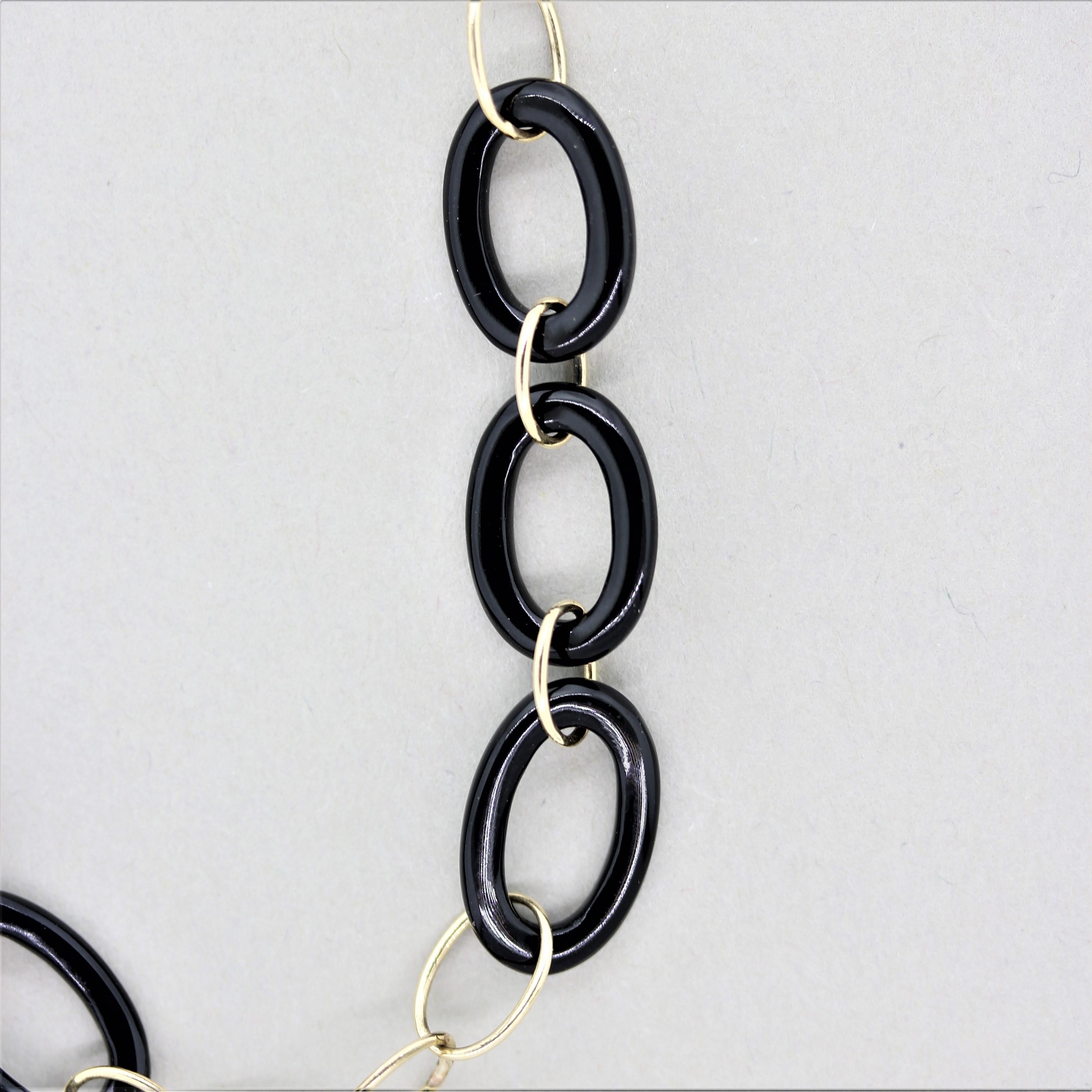 Mixed Cut Black Onyx Gold Chain Necklace For Sale