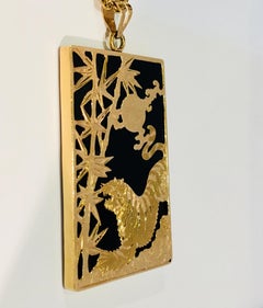 Schwarzer Onyx Gold Tiger:: Mond & Bambus Asiatisch inspirierter rechteckiger Anhänger & Kette