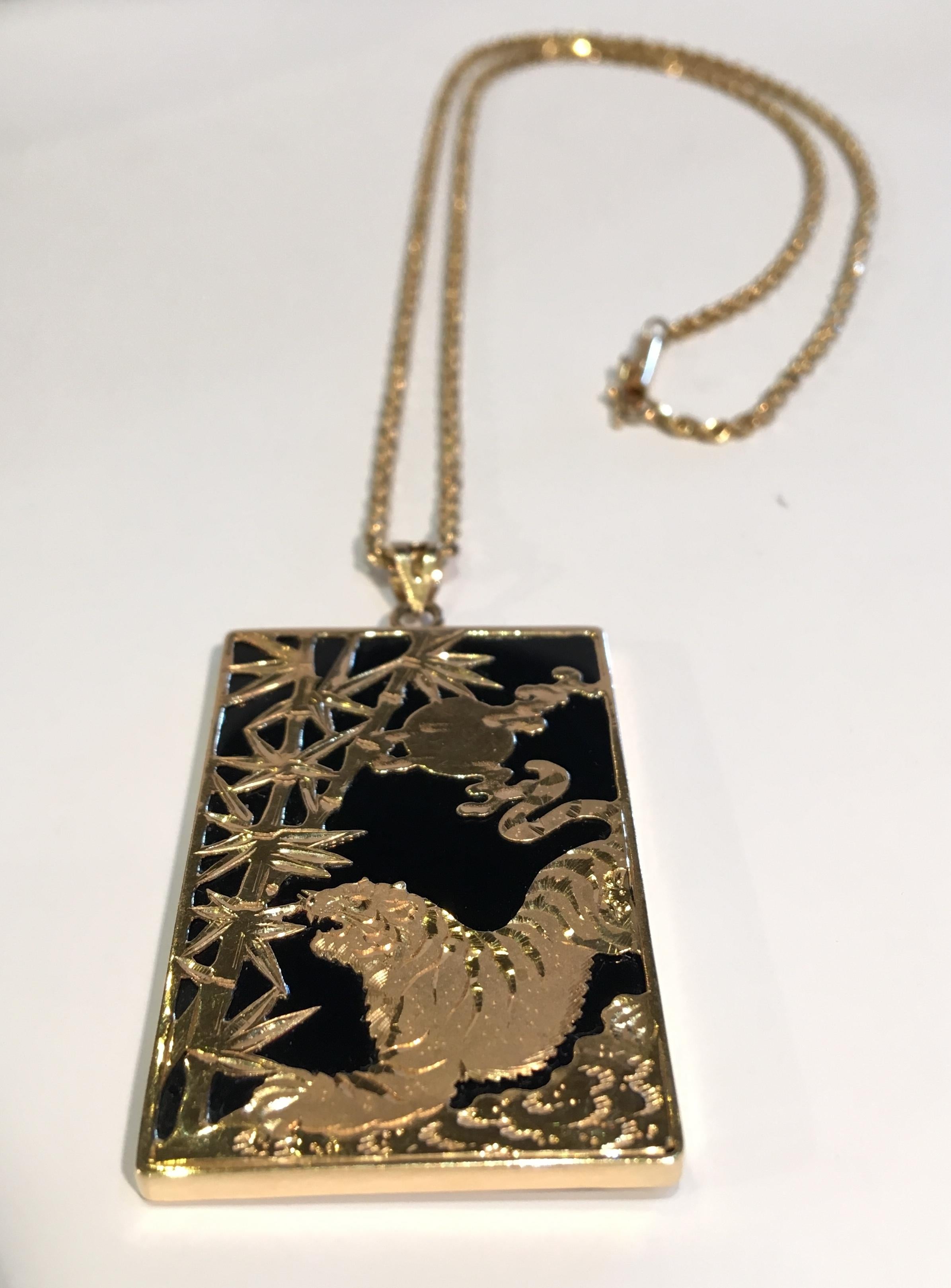 Artisan Black Onyx Gold Tiger, Moon & Bamboo Asian Inspired Rectangular Pendant & Chain