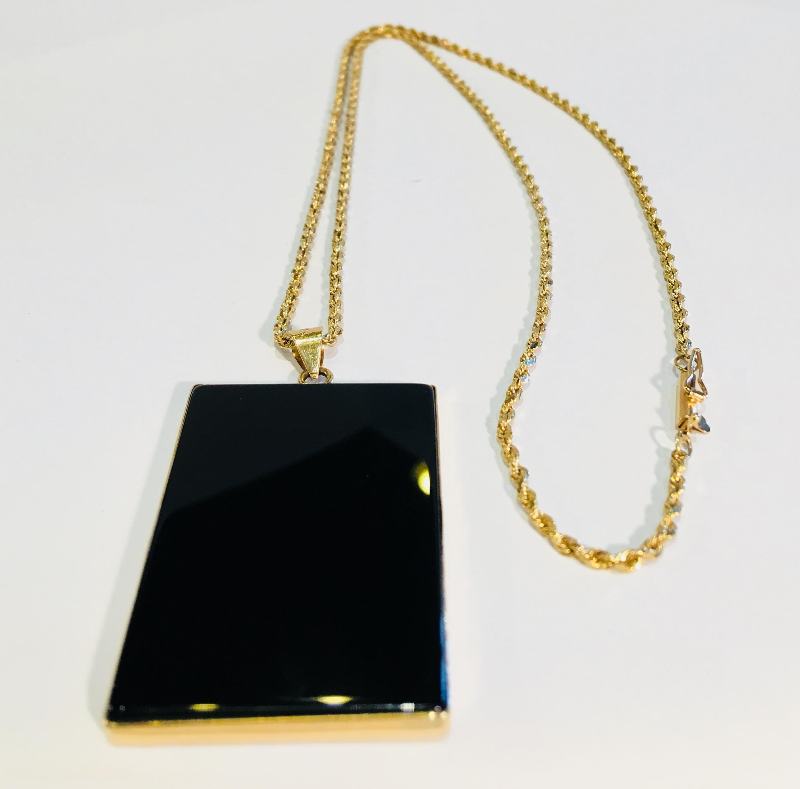 Black Onyx Gold Tiger, Moon & Bamboo Asian Inspired Rectangular Pendant & Chain In Excellent Condition In Tustin, CA