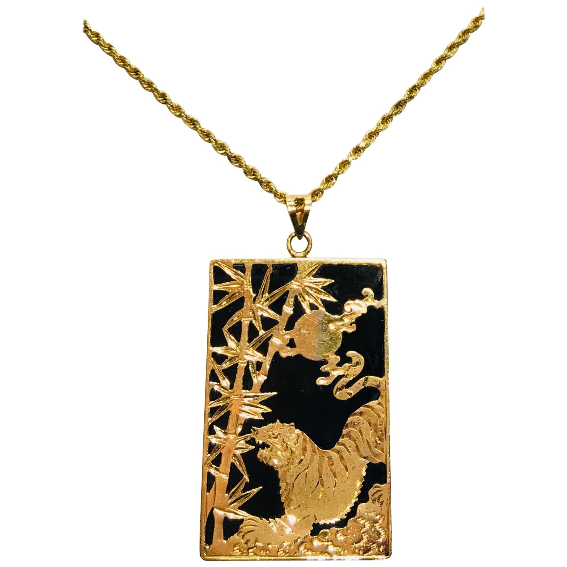 Black Onyx Gold Tiger, Moon & Bamboo Asian Inspired Rectangular Pendant & Chain