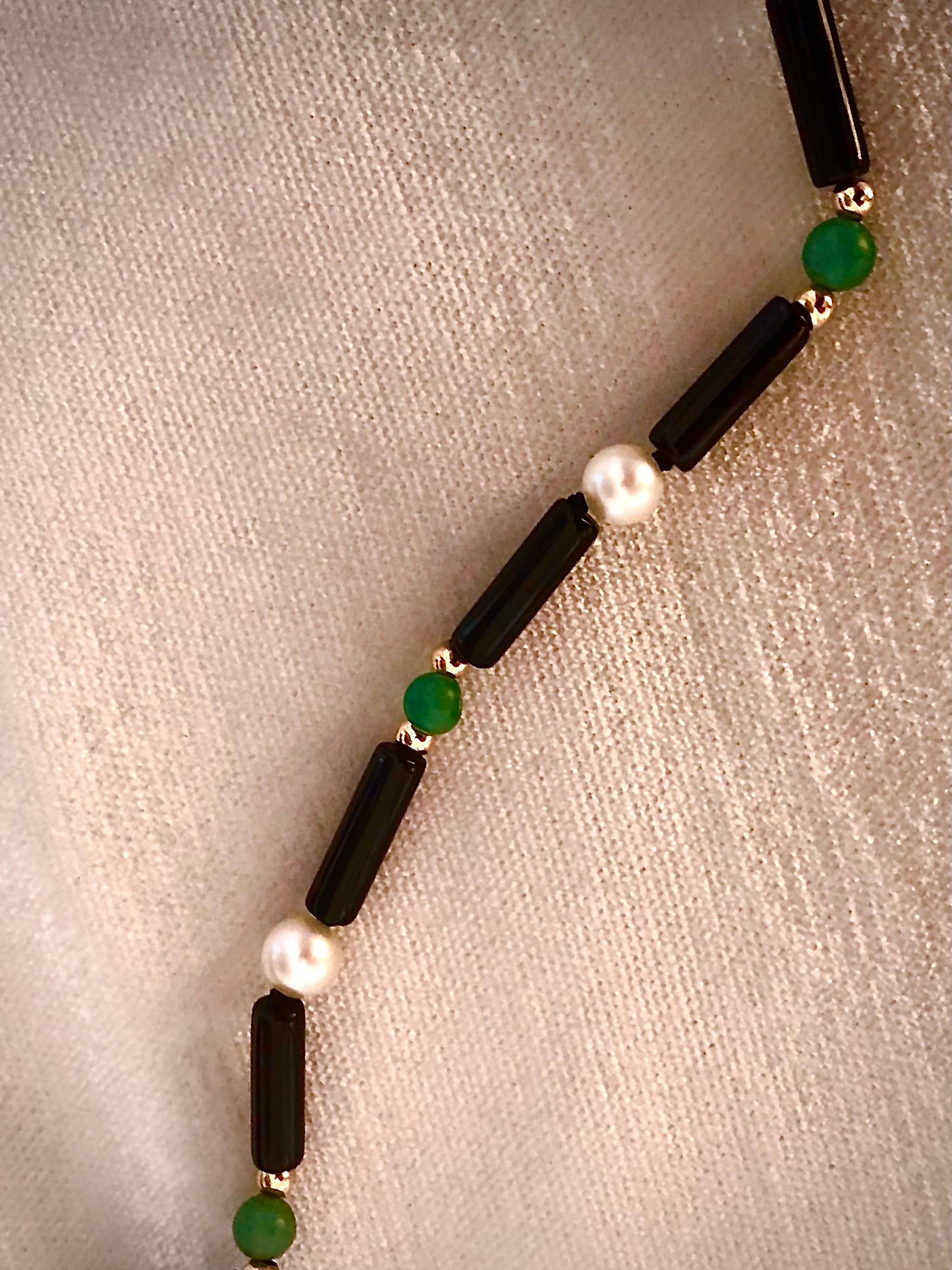 Bead Black onyx, green jade and 14kt gold necklace For Sale