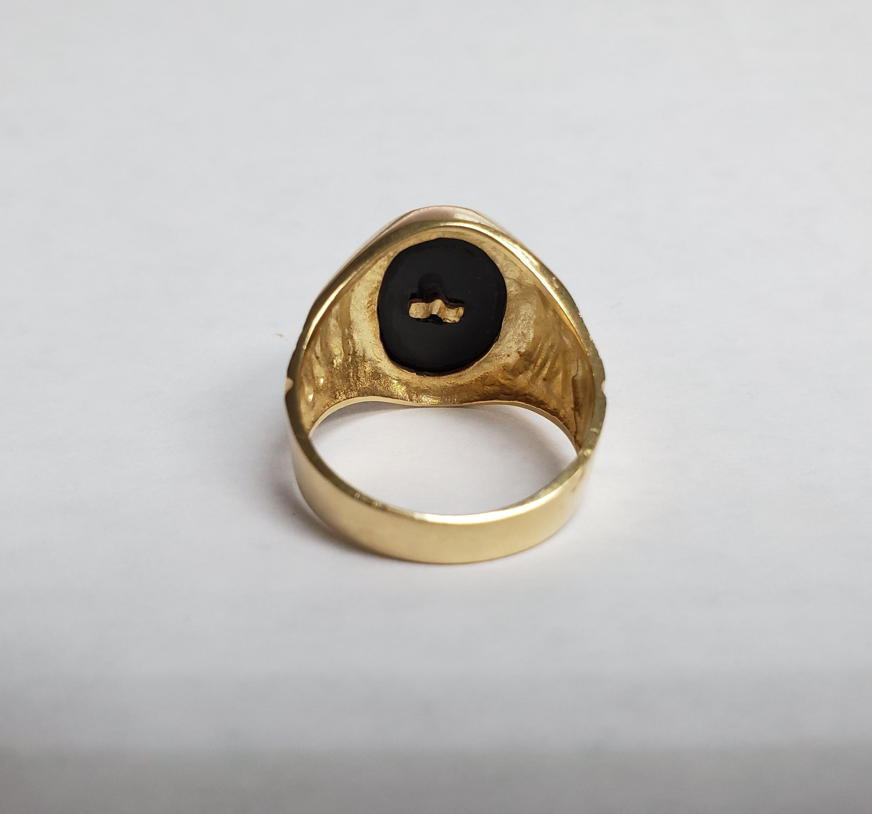 Schwarzer Onyx Hufeisen-Pferdkopf-Ring 14k Gelbgold für Damen oder Herren