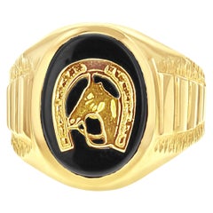 Schwarzer Onyx Hufeisen-Pferdkopf-Ring 14k Gelbgold