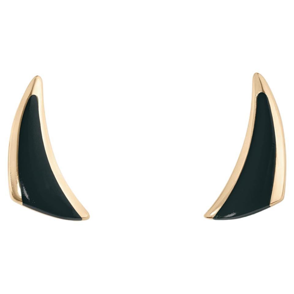 Black Onyx Inlay Triangle Post Earrings, 14 Karat Yellow Gold, by Kabana