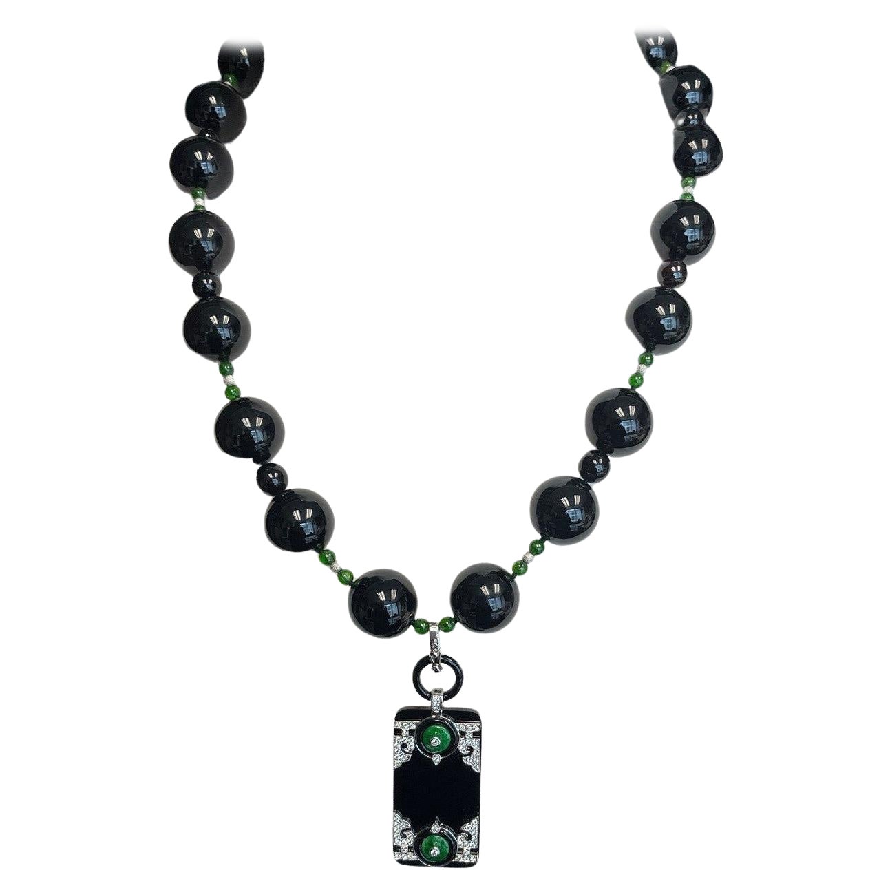 Black Onyx, Jade, and Diamond Necklace Enhancer in 18k White Gold