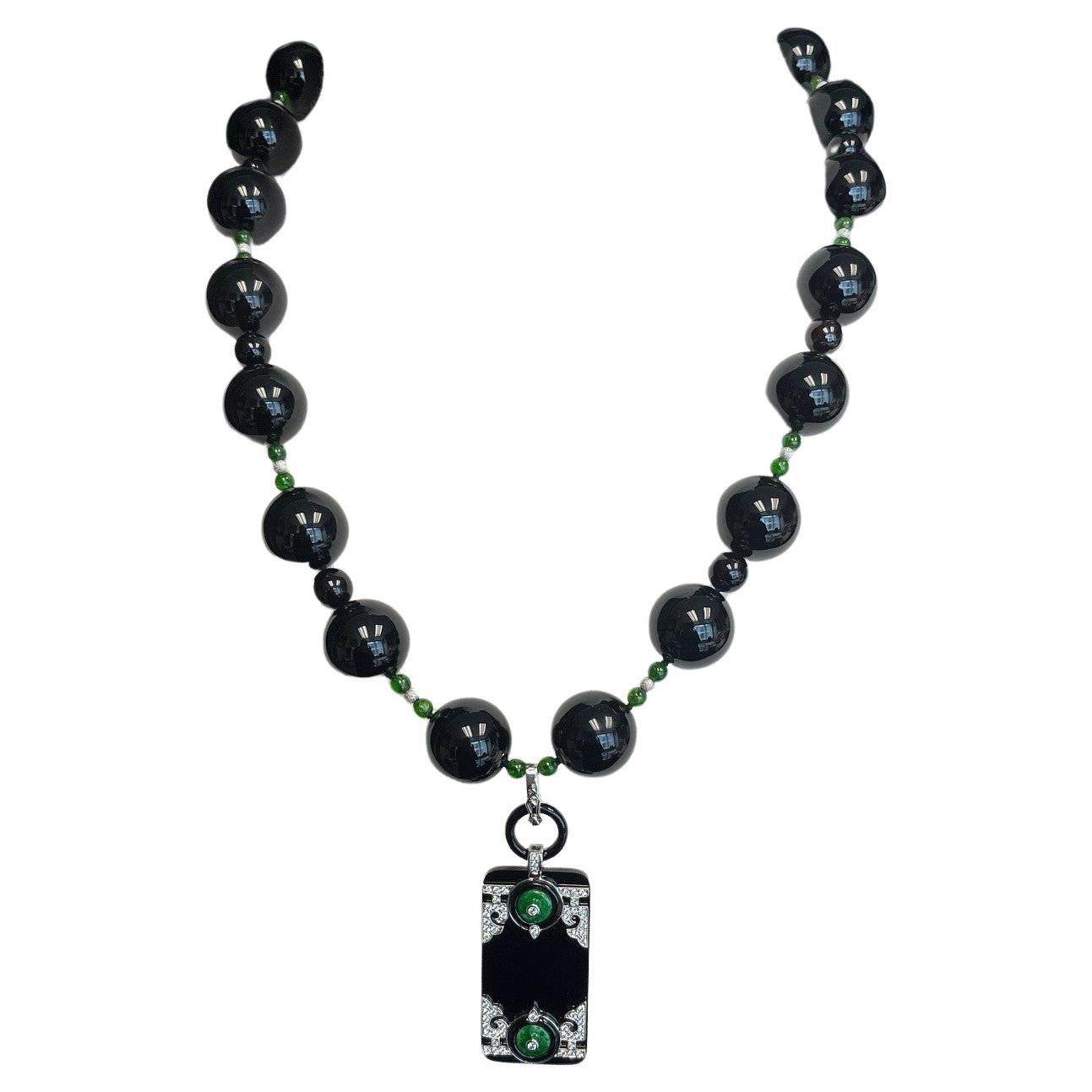 Black Onyx, Jade, and Diamond Necklace Enhancer in 18k White Gold