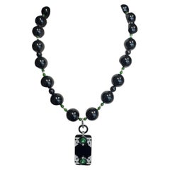 Black Onyx, Jade, and Diamond Necklace Enhancer in 18k White Gold