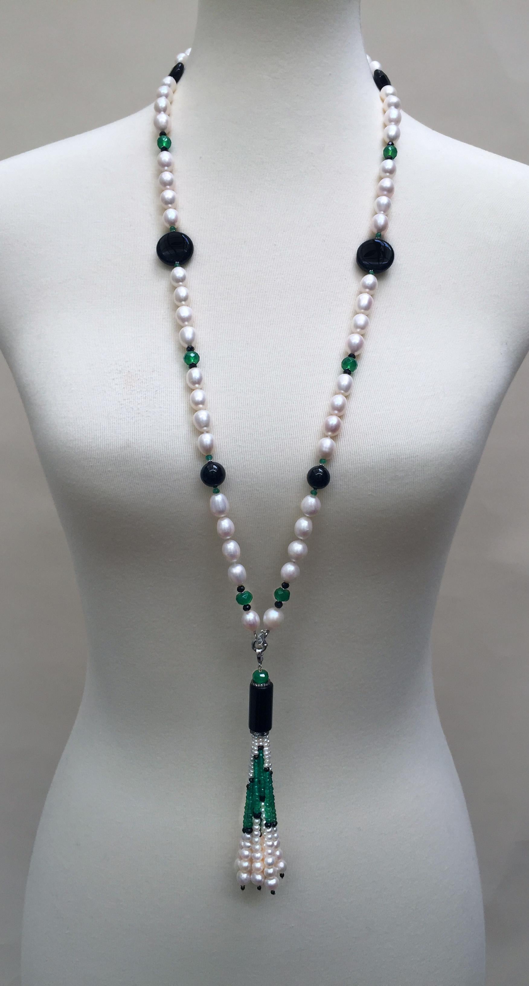 Artist Black Onyx, Jade and Pearl Necklace with Tassel and 14 Karat White Gold Clasp