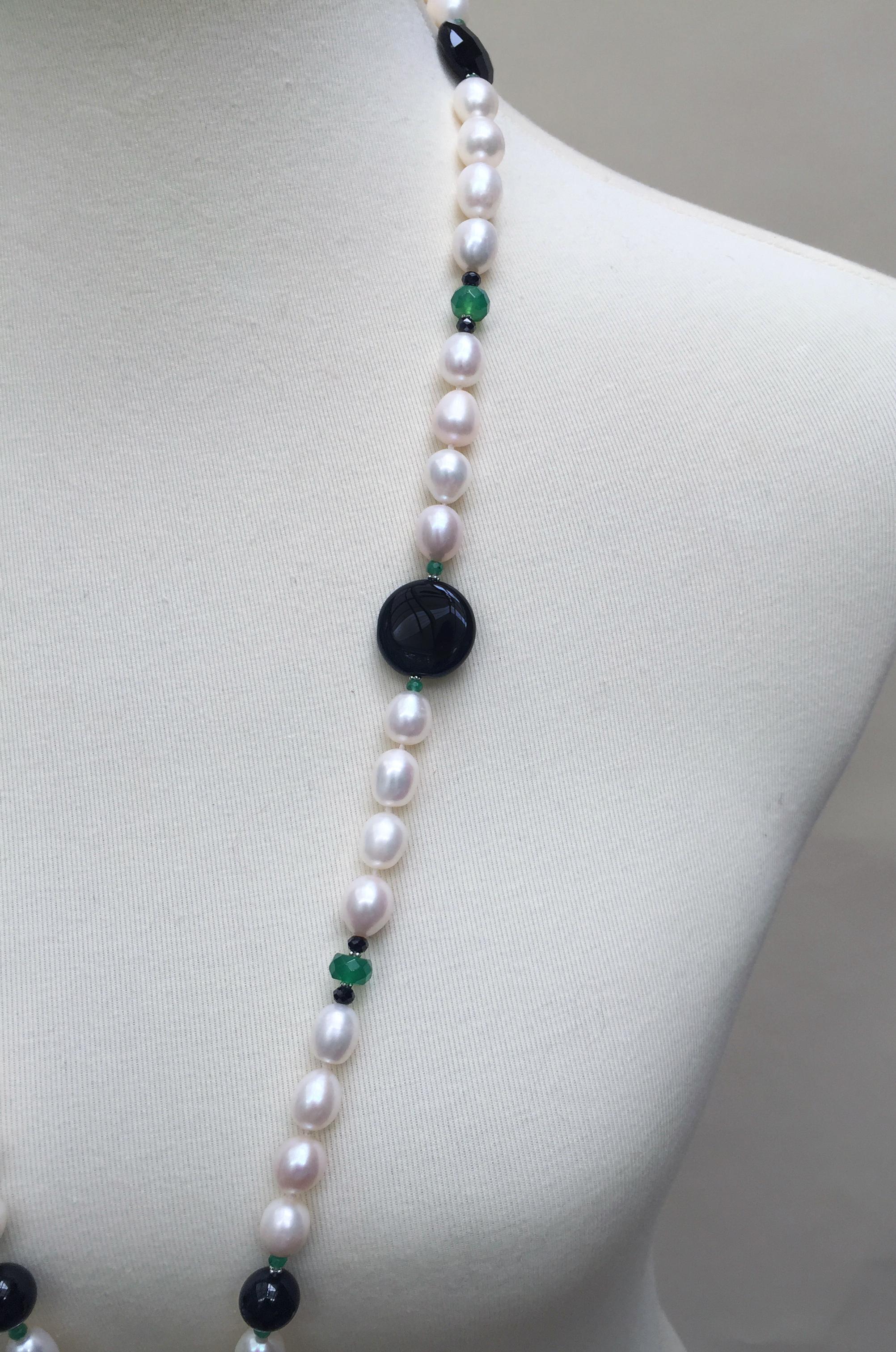 Black Onyx, Jade and Pearl Necklace with Tassel and 14 Karat White Gold Clasp In New Condition In Los Angeles, CA