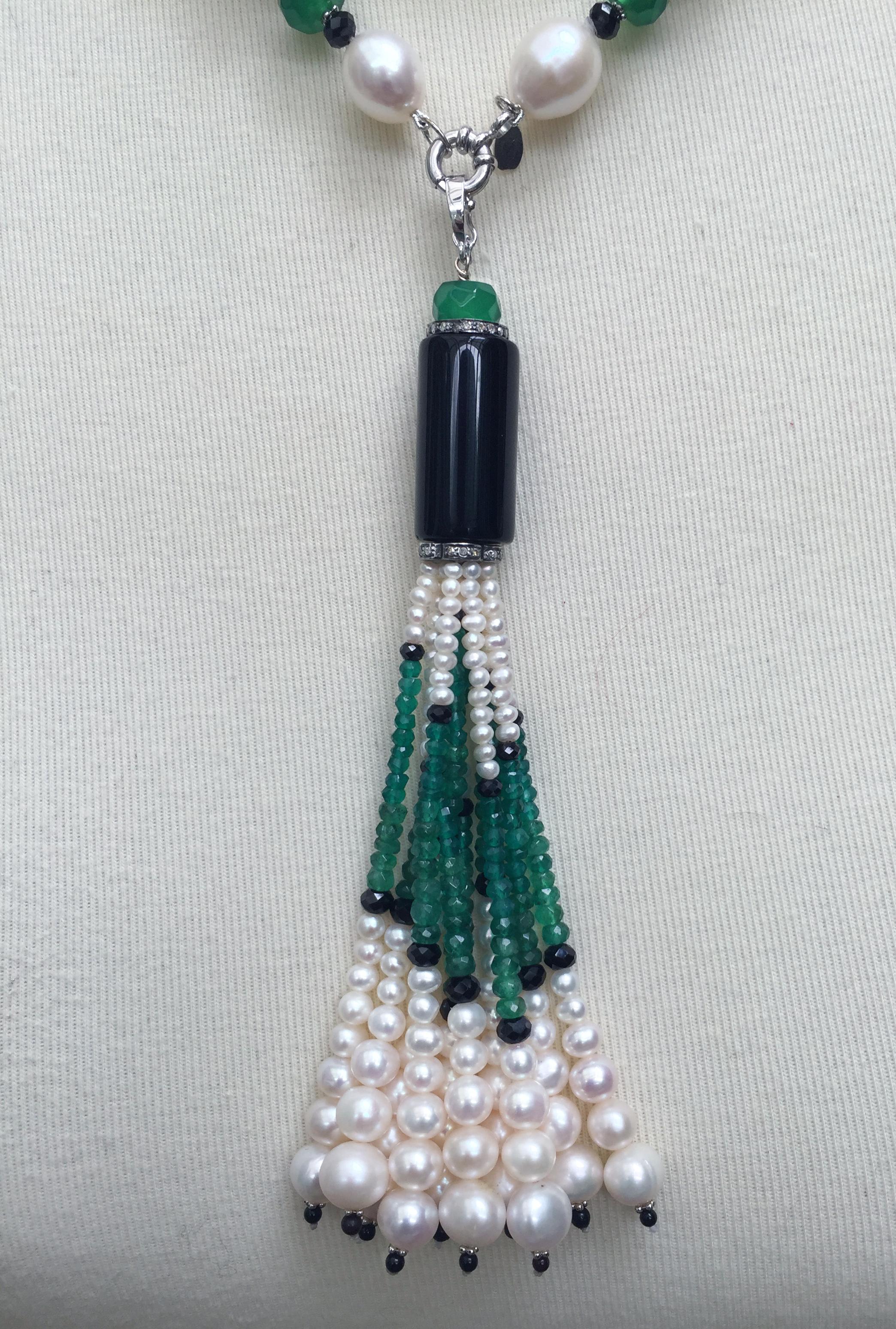 Women's Black Onyx, Jade and Pearl Necklace with Tassel and 14 Karat White Gold Clasp