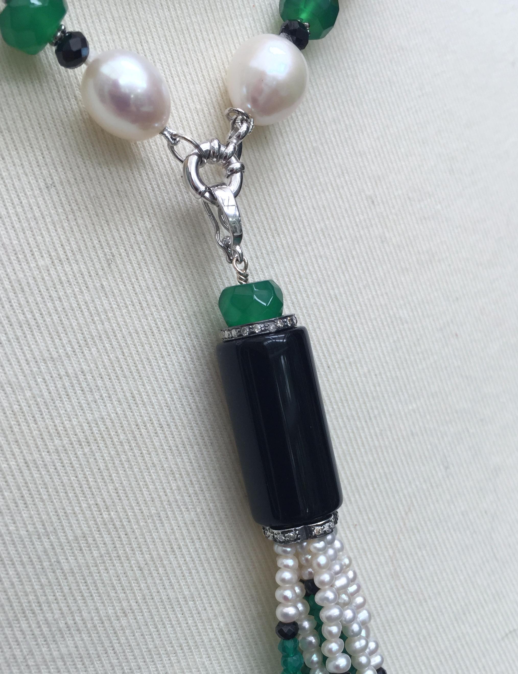 Black Onyx, Jade and Pearl Necklace with Tassel and 14 Karat White Gold Clasp 1