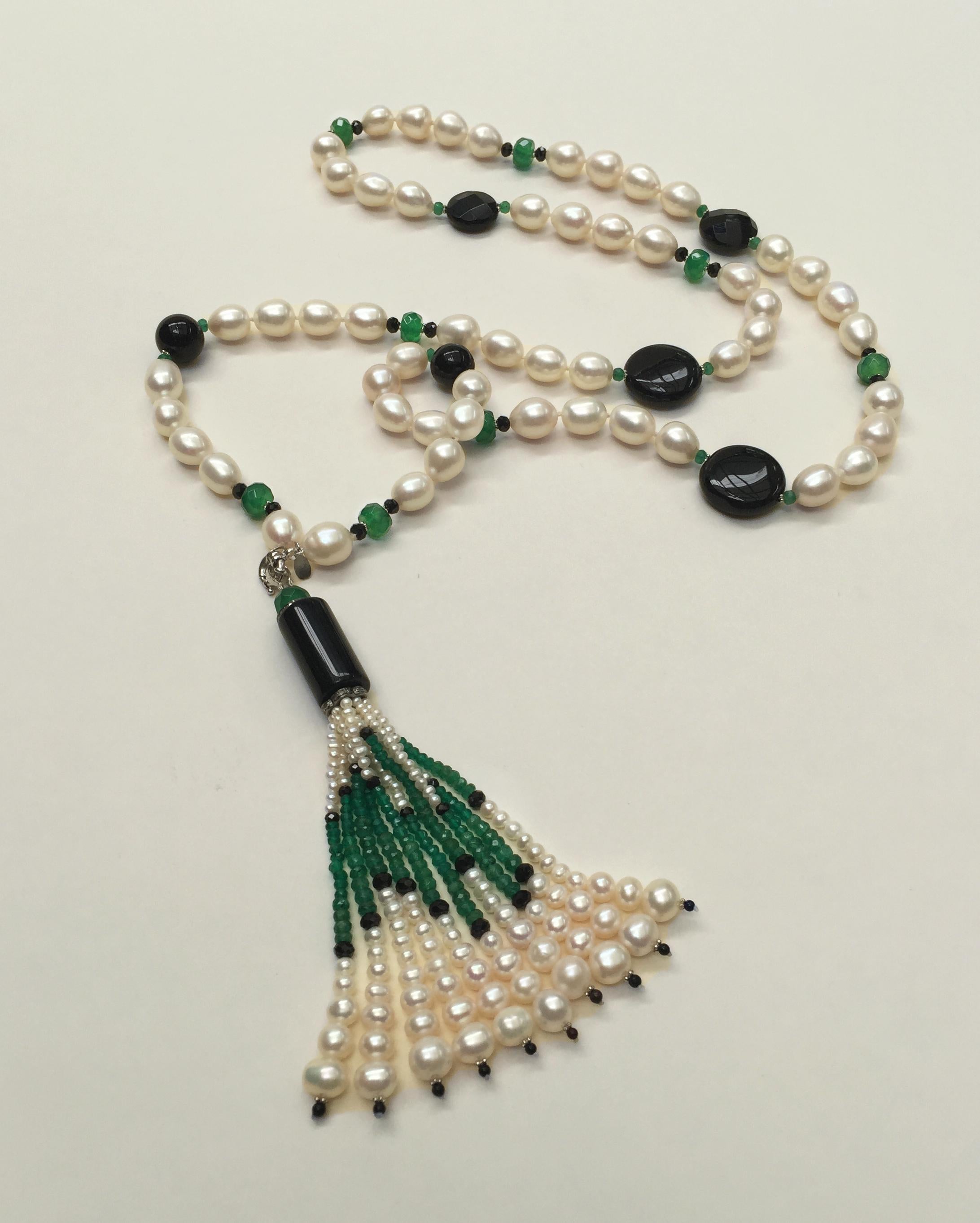 Black Onyx, Jade and Pearl Necklace with Tassel and 14 Karat White Gold Clasp 2