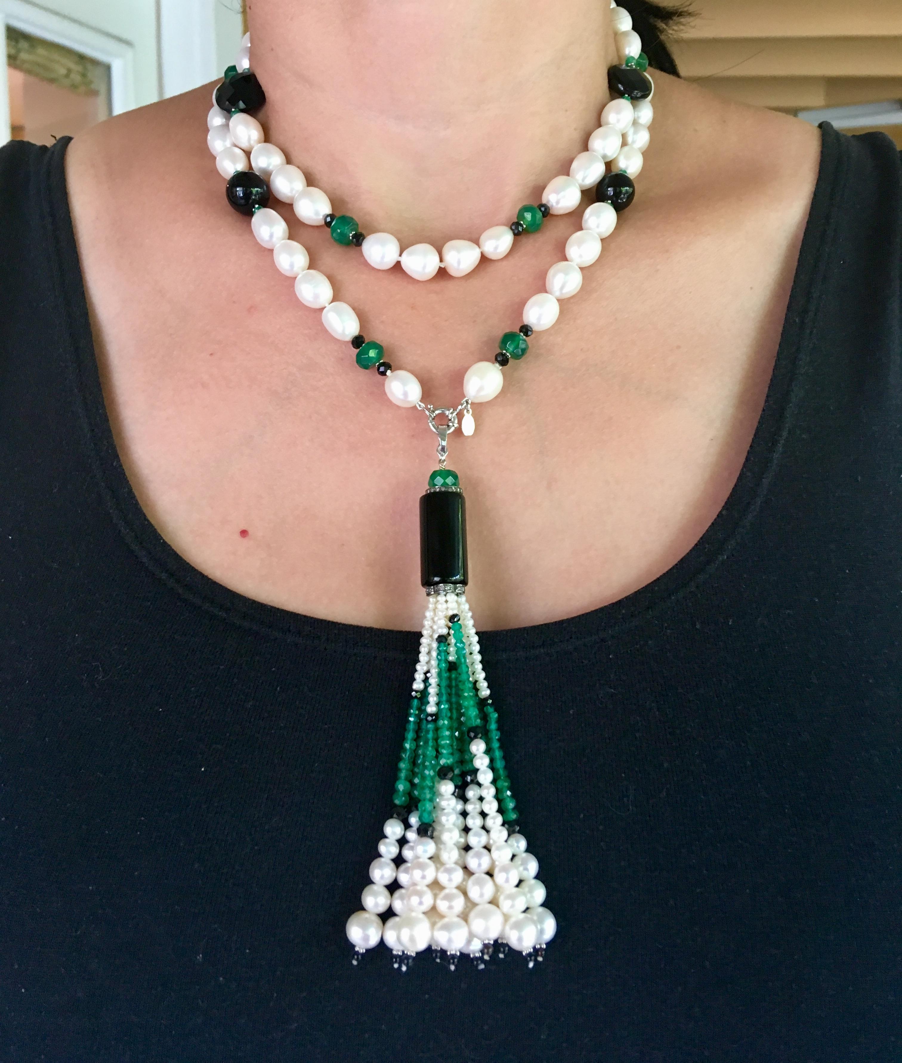 Black Onyx, Jade and Pearl Necklace with Tassel and 14 Karat White Gold Clasp 3