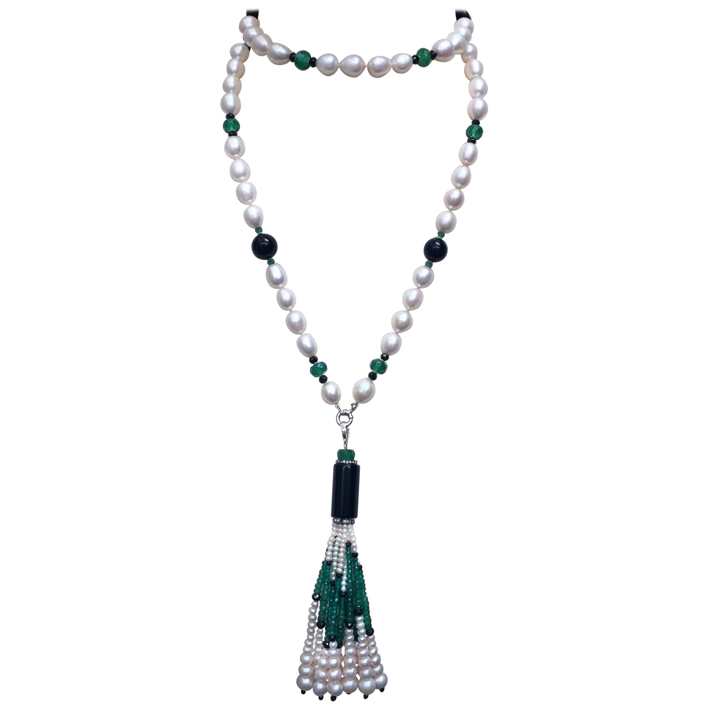 Black Onyx, Jade and Pearl Necklace with Tassel and 14 Karat White Gold Clasp