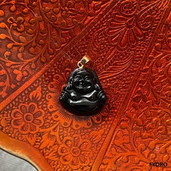 Black Onyx Laughing Buddha Pendant (With 14K Yellow Gold)