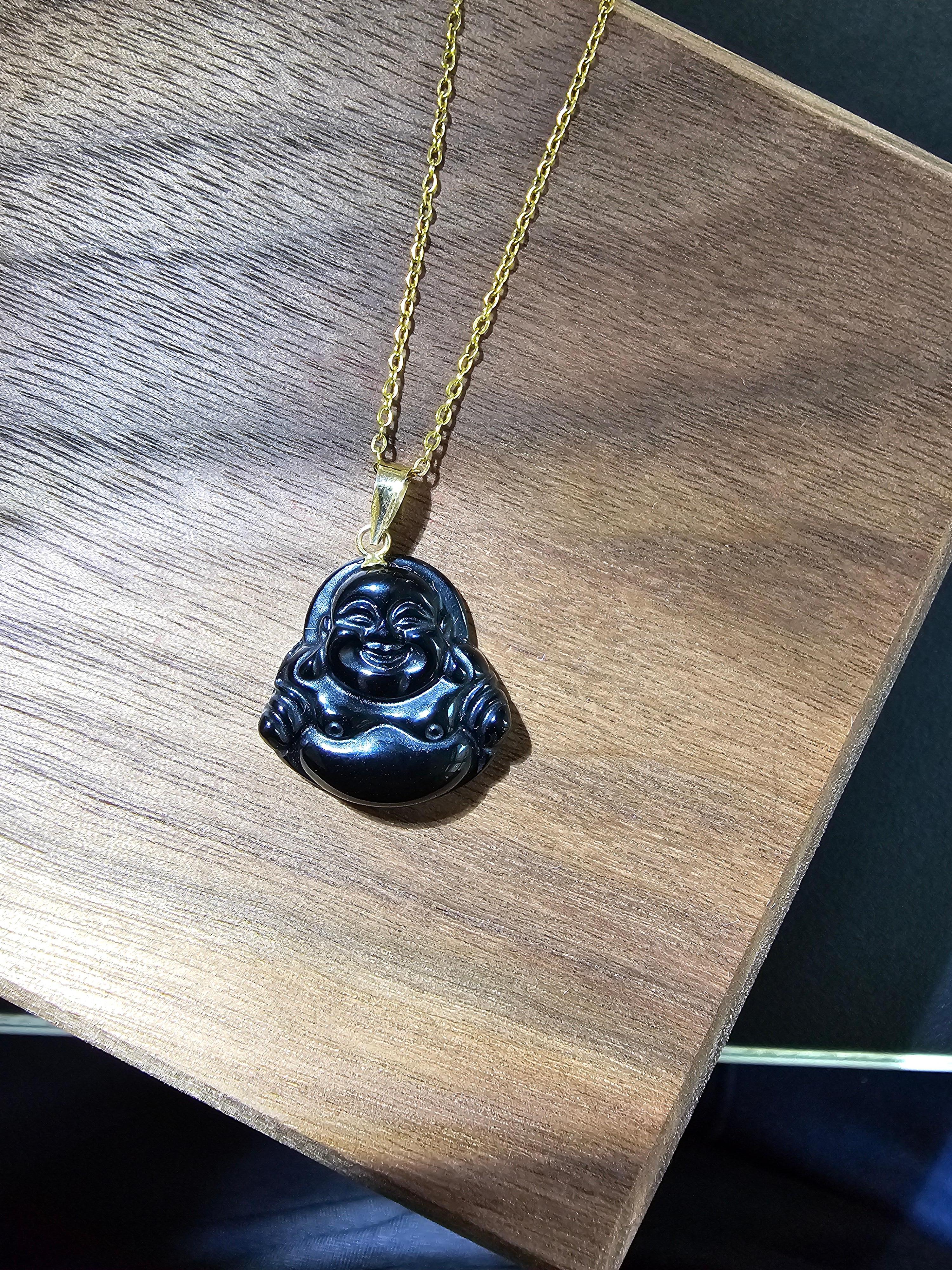 Cabochon Black Onyx Laughing Buddha Pendant (With 14K Yellow Gold) For Sale