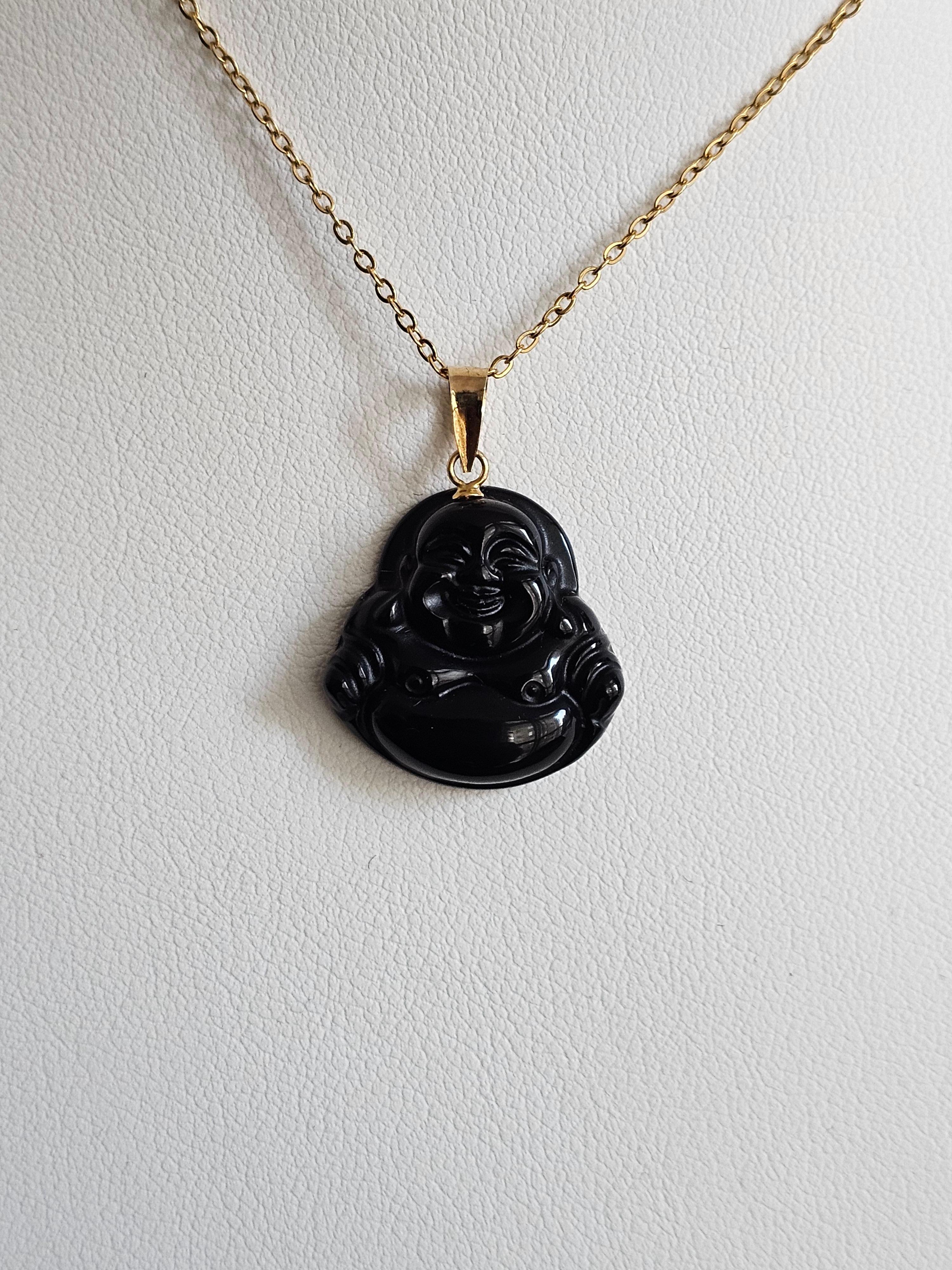 Pendentif bouddha rieur en onyx noir (avec or jaune 14K) Neuf - En vente à Kowloon, HK