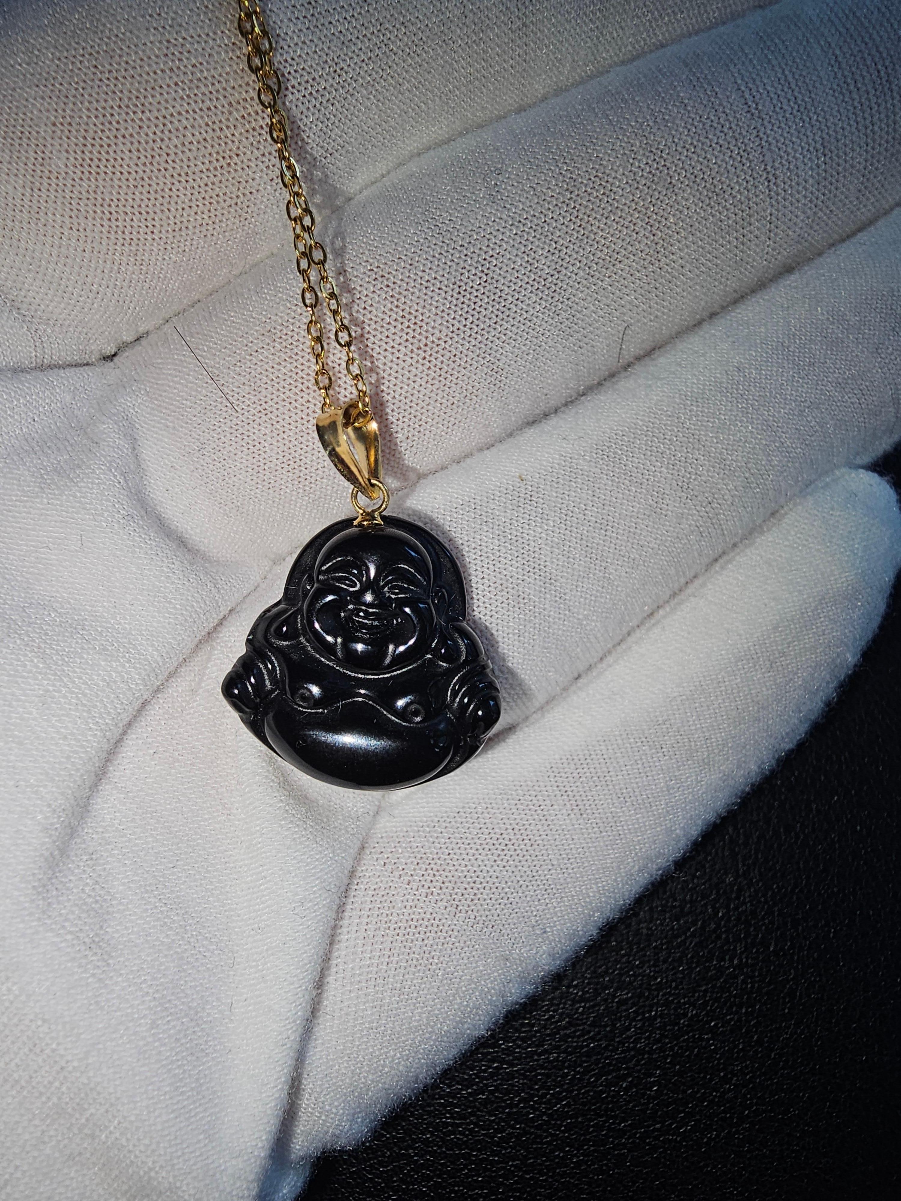Women's or Men's Black Onyx Laughing Buddha Pendant (With 14K Yellow Gold) For Sale
