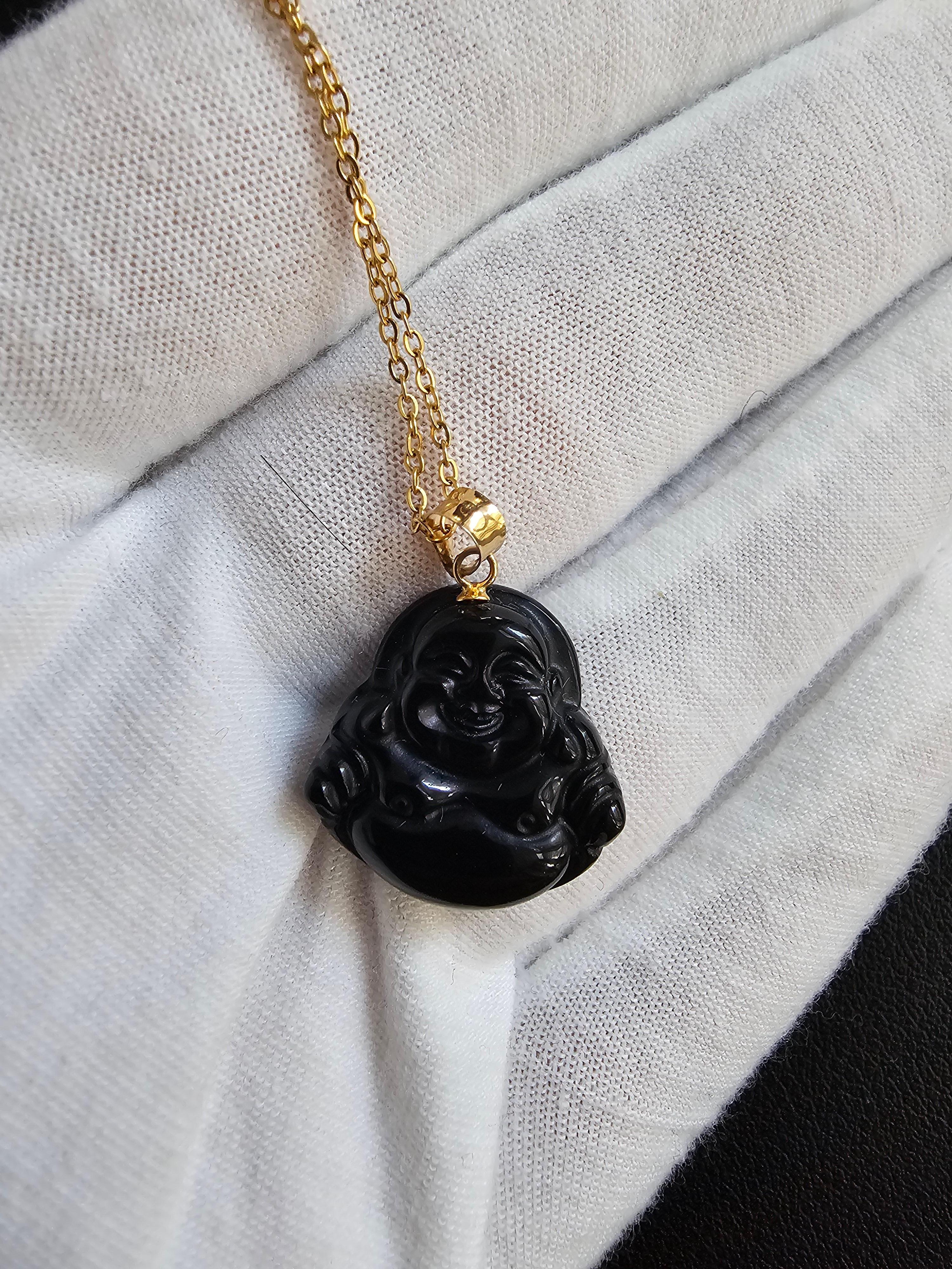 Black Onyx Laughing Buddha Pendant (With 14K Yellow Gold) For Sale 1